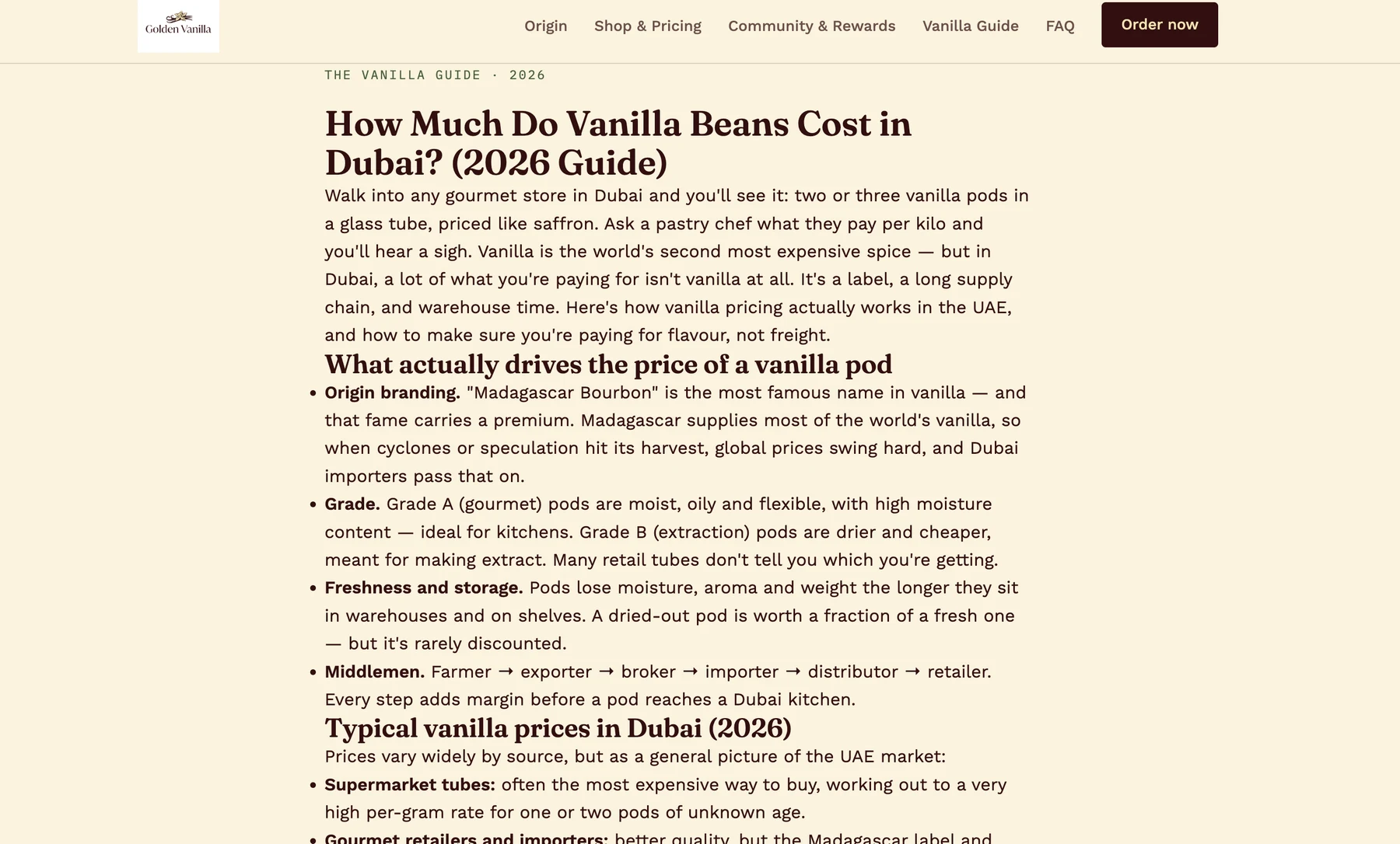 Golden Vanilla guide article explaining vanilla bean prices in Dubai