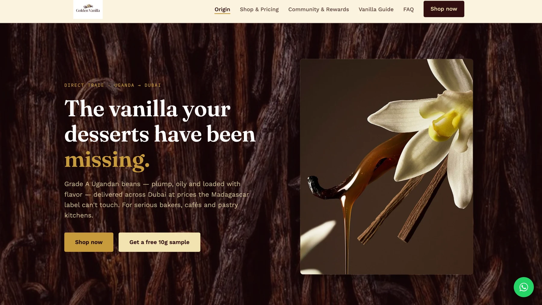 Golden Vanilla homepage with product introduction and shopping links