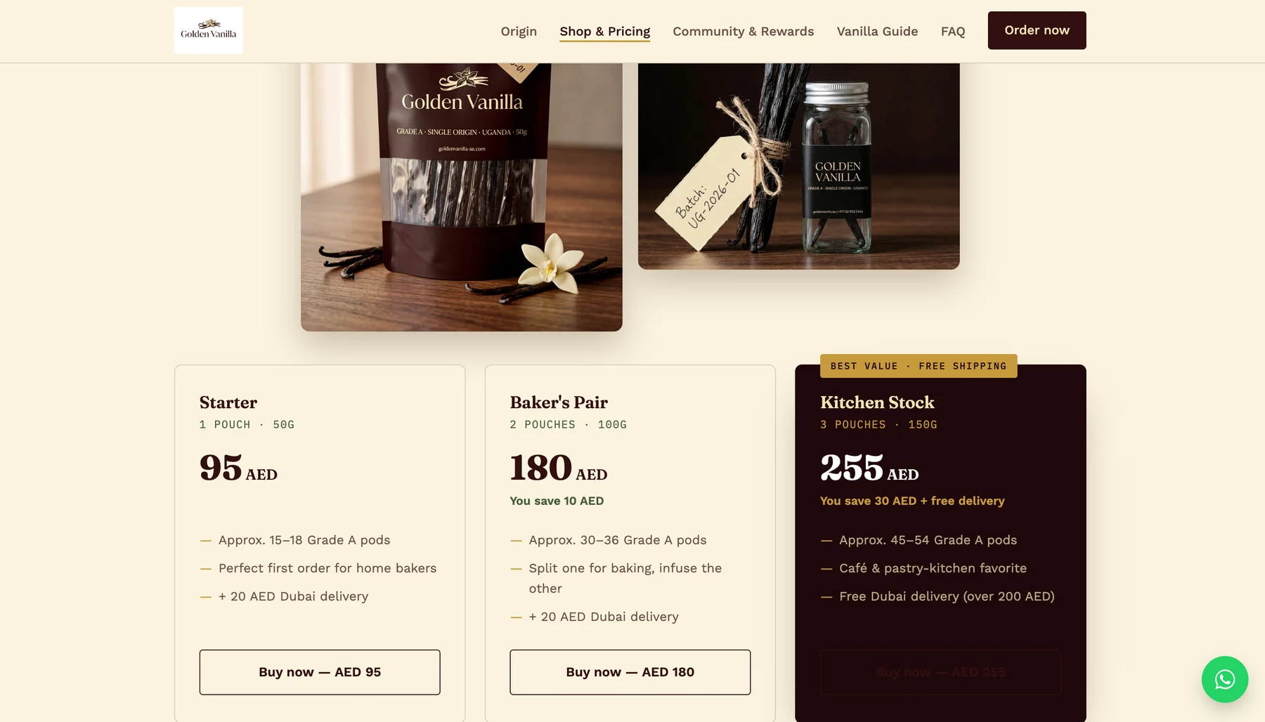 Golden Vanilla pricing cards for Starter, Baker’s Pair, and Kitchen Stock