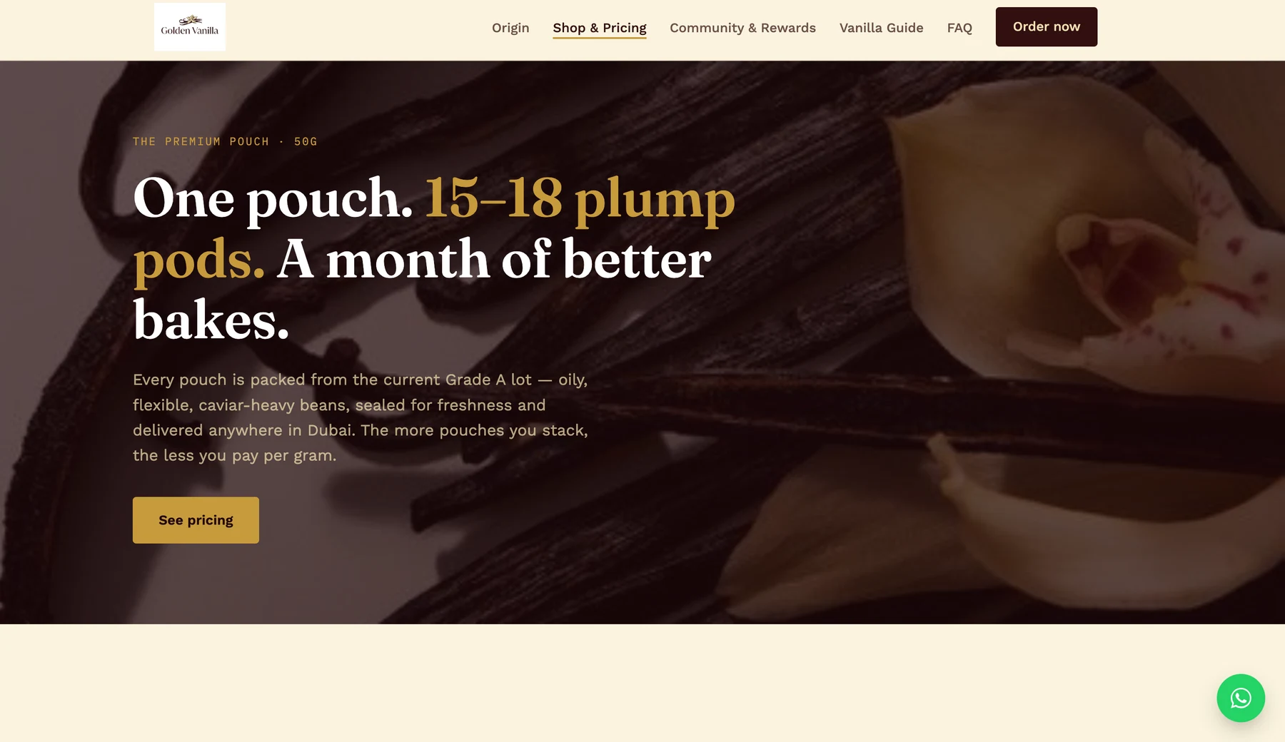 Golden Vanilla shop page introducing the 50 gram vanilla pouch